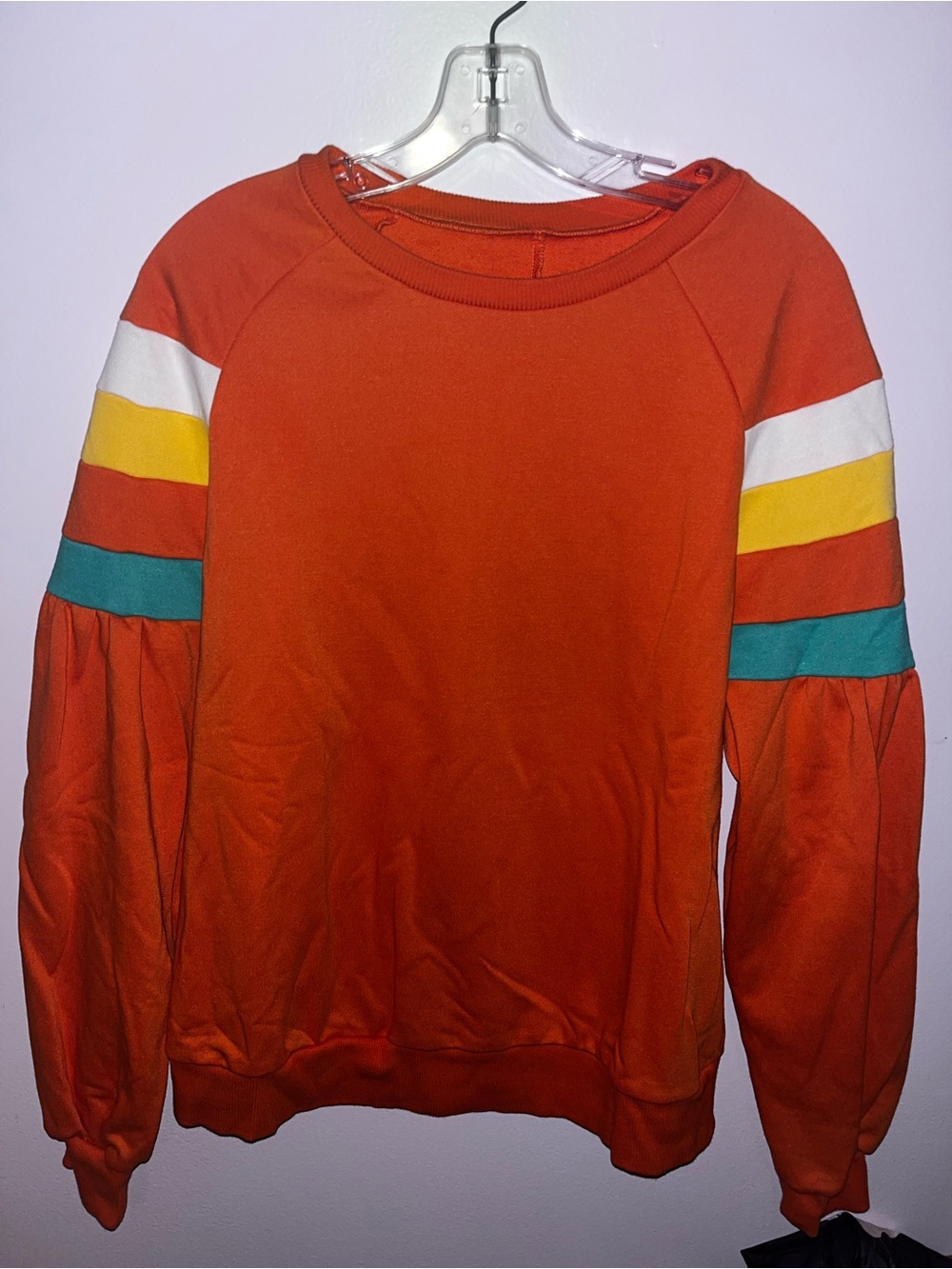 Women's Rust Orange Crewneck Sweatshirt with Multicolor Sleeve Stripes